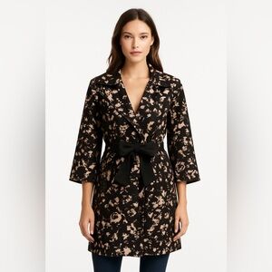 Joseph Ribkoff Lightweight Trench Coat W/Bow 14 Black Cream Unlined Bell Sleeve